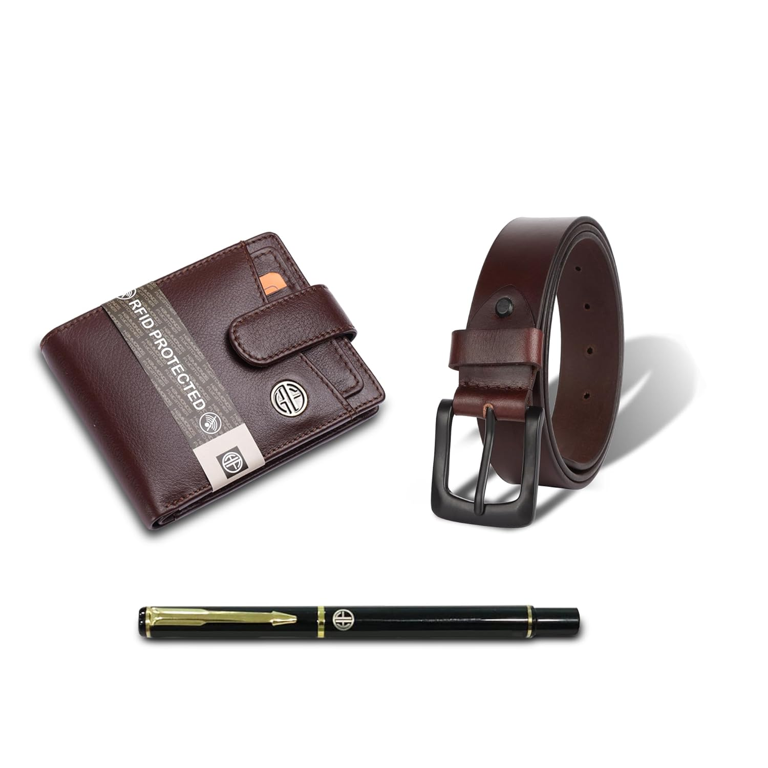 HF Premium Gift Set - Genuine Leather Wallet & Belt with Ball Pen (Blazing Brown)