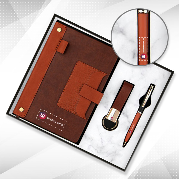 Customized 3-in-1 Combo Diary, Pen & Keychain Gift Set for Employees (Saddle Brown)