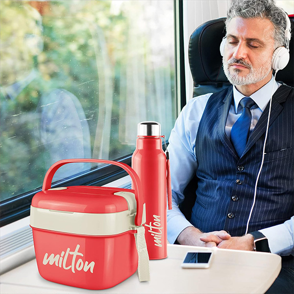 MILTON Cube Lunchmate (Steel Fit Insulated Water Bottle, 630 ml & Cubic Big Tiffin, 1.1 liter) - Red-4