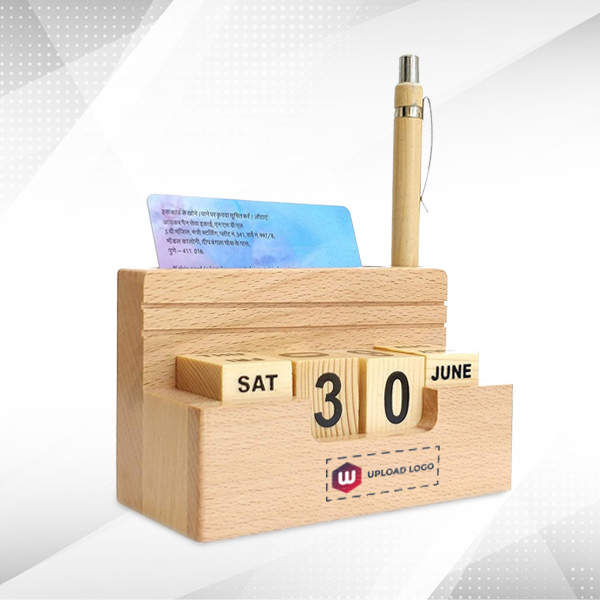 Stylish Wooden Pen Stand – Built-in Card Slot & Calendar-0