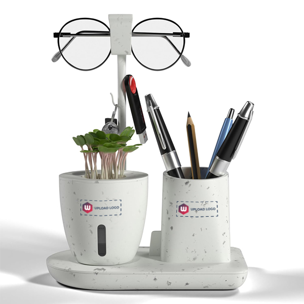 EO  Desk Station Pen Stand For Study Table with Self Watering Plant Pot (Marble White)