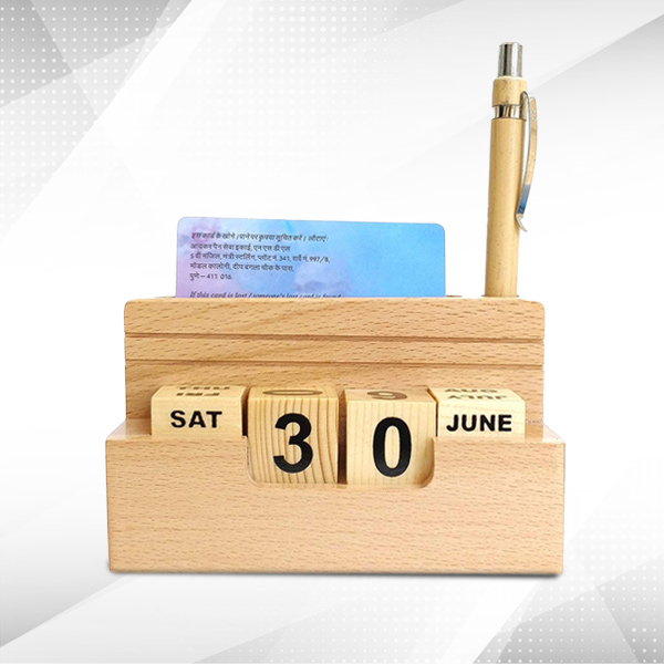 Stylish Wooden Pen Stand – Built-in Card Slot & Calendar-1