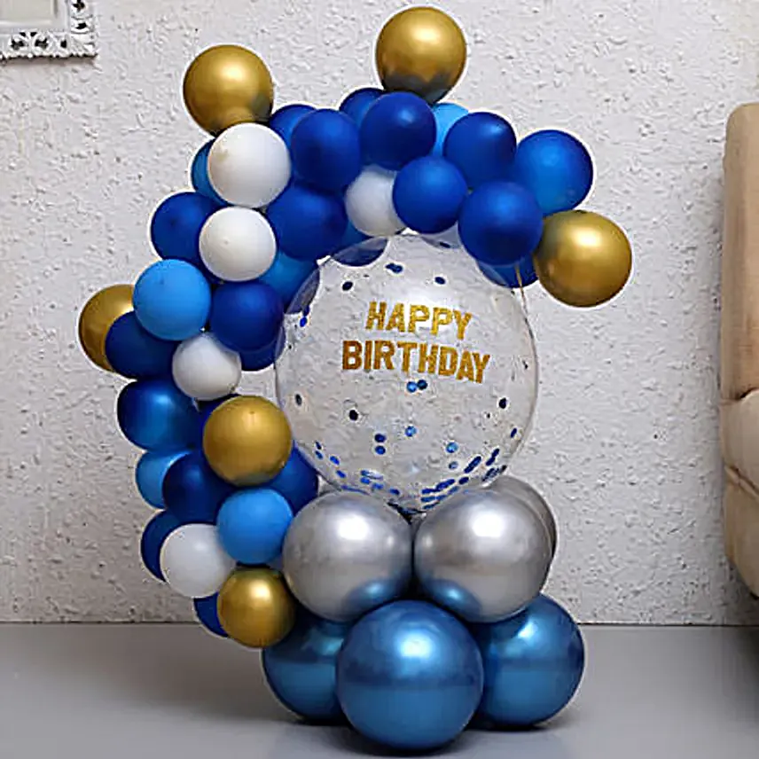 Blue & Gold Happy Birthday Balloon Bouquet