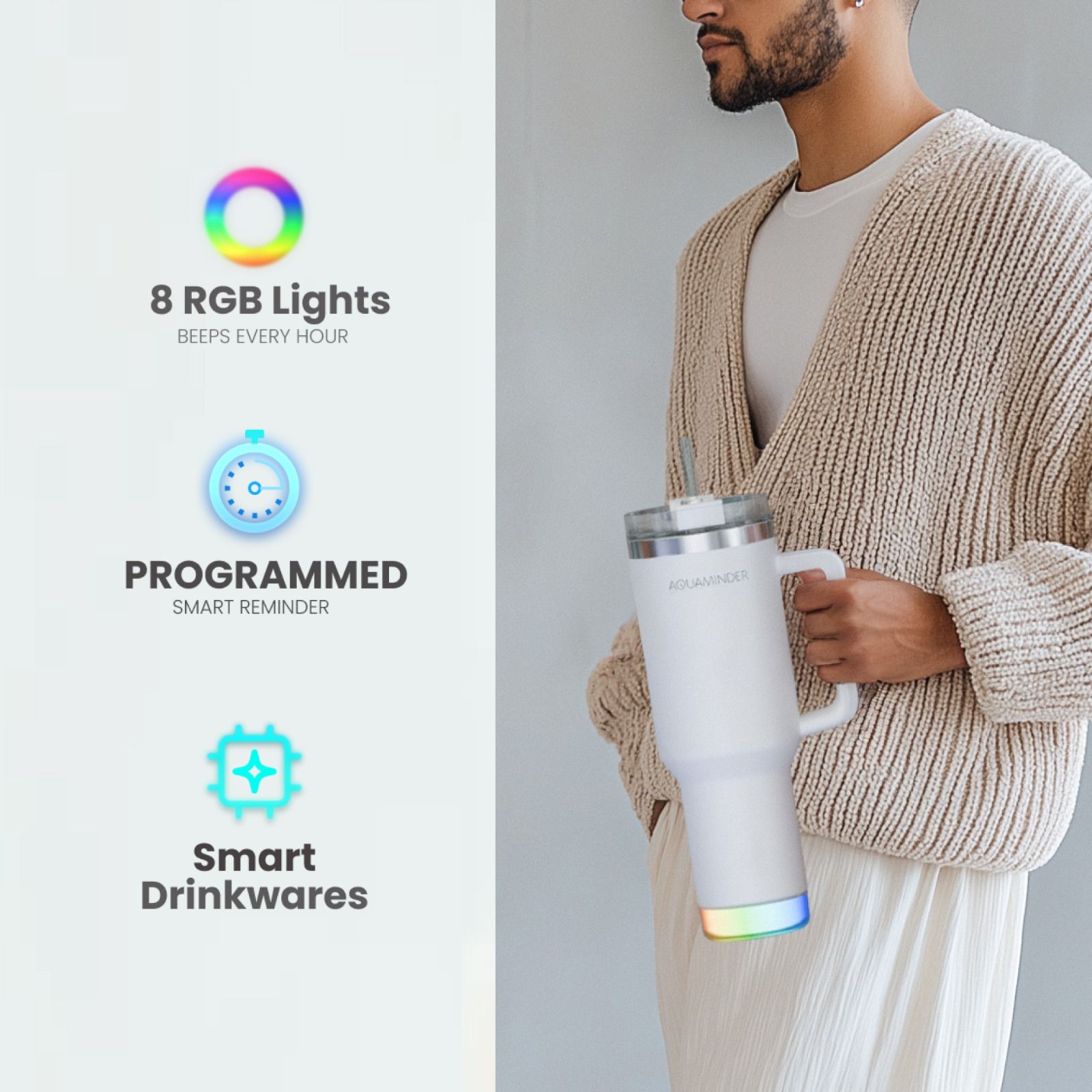 Aquaminder Smart Tumbler with lid and Straw  Nile Cup 1200ml - White-5