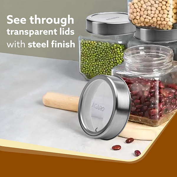 AGARO Elegant Cube Jar 580 ml, Square Shaped, Transparent Lid With Steel Finish-4