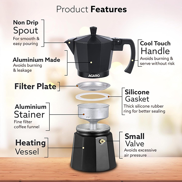 AGARO Classic Moka Pot, Stovetop, Espresso Coffee Maker - 240 ML - Black-2