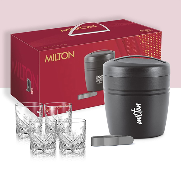 MILTON Spirits Gift Set, Polar Ice Storage Pail and Tong 1.5 liters - (Black and Grey)