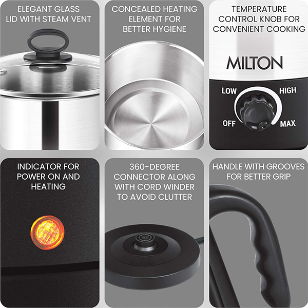 MILTON Electric Cooker With Glass Lid, 600 Watt, 1.2 Liters, Multi-Purpose Kettle Cum Steamer for Instant Noodles, Eggs, Vegetables, Auto Cut-Off, Cordless Pot-4