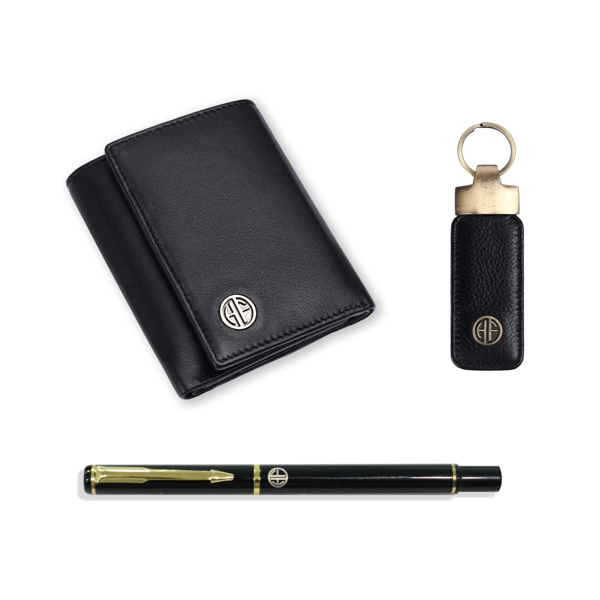 HF Men's Executive Leather Gift Set – Wallet, Keychain & Pen | Premium Corporate Gift (Grease Black)