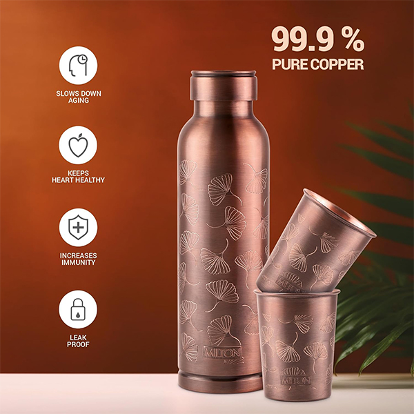 MILTON Copper Elegante Gift Set (1- Bottle, 940 ml and 2-Tumbler, 290 ml Each), Copper Petals-3