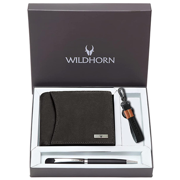 WILDHORN CORDOVA Premium Leather Wallet, Keychain & Pen Gift Set (Dark Brown)