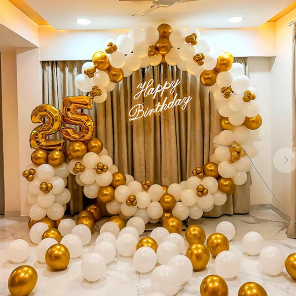 25th Gold & White Balloon Decoration with Neon Light