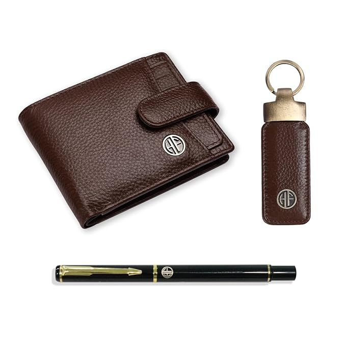 HF Men's Executive Leather Gift Set – Wallet, Keychain & Pen | Premium Corporate Gift (Brushwood)