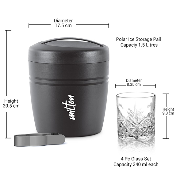 MILTON Spirits Gift Set, Polar Ice Storage Pail and Tong 1.5 liters - (Black and Grey)-4