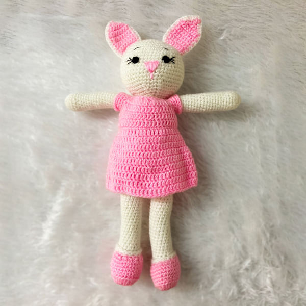 Handmade Crochet Bunny Doll in Pink Dress-1