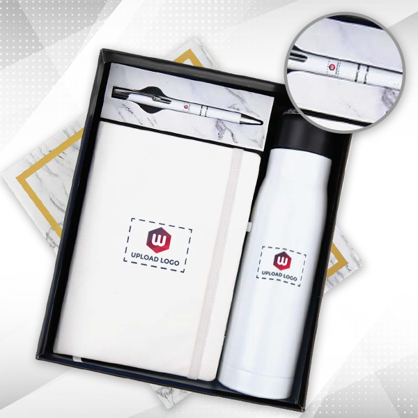 Customizable Bottle & Diary Corporate Gift Set – (White)