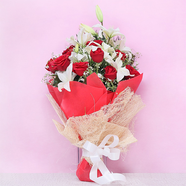 Stunning Red Rose and Lily Bouquet