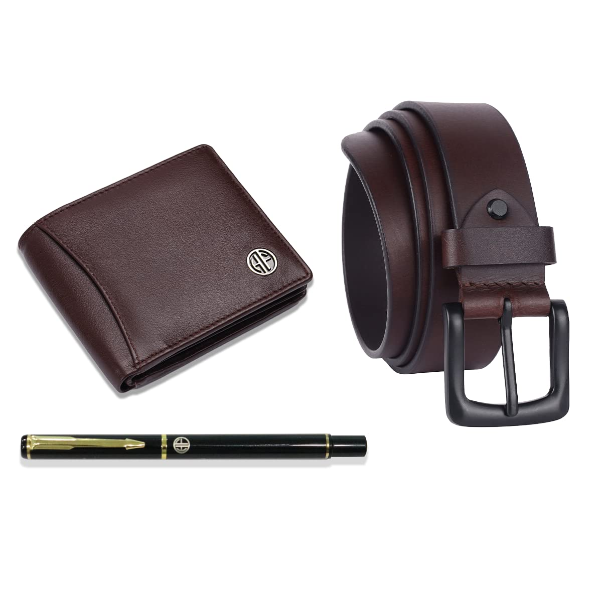 HF Premium Gift Set - Genuine Leather Wallet & Belt with Ball Pen (Redwood Brown)