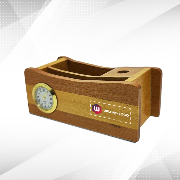 Wooden Pen Stand with Clock