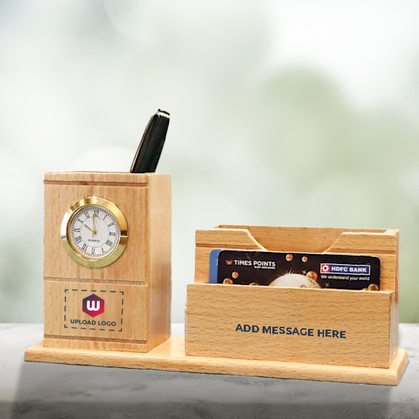 Wooden Pen Holder with Clock – Personalized Logo & Message-1