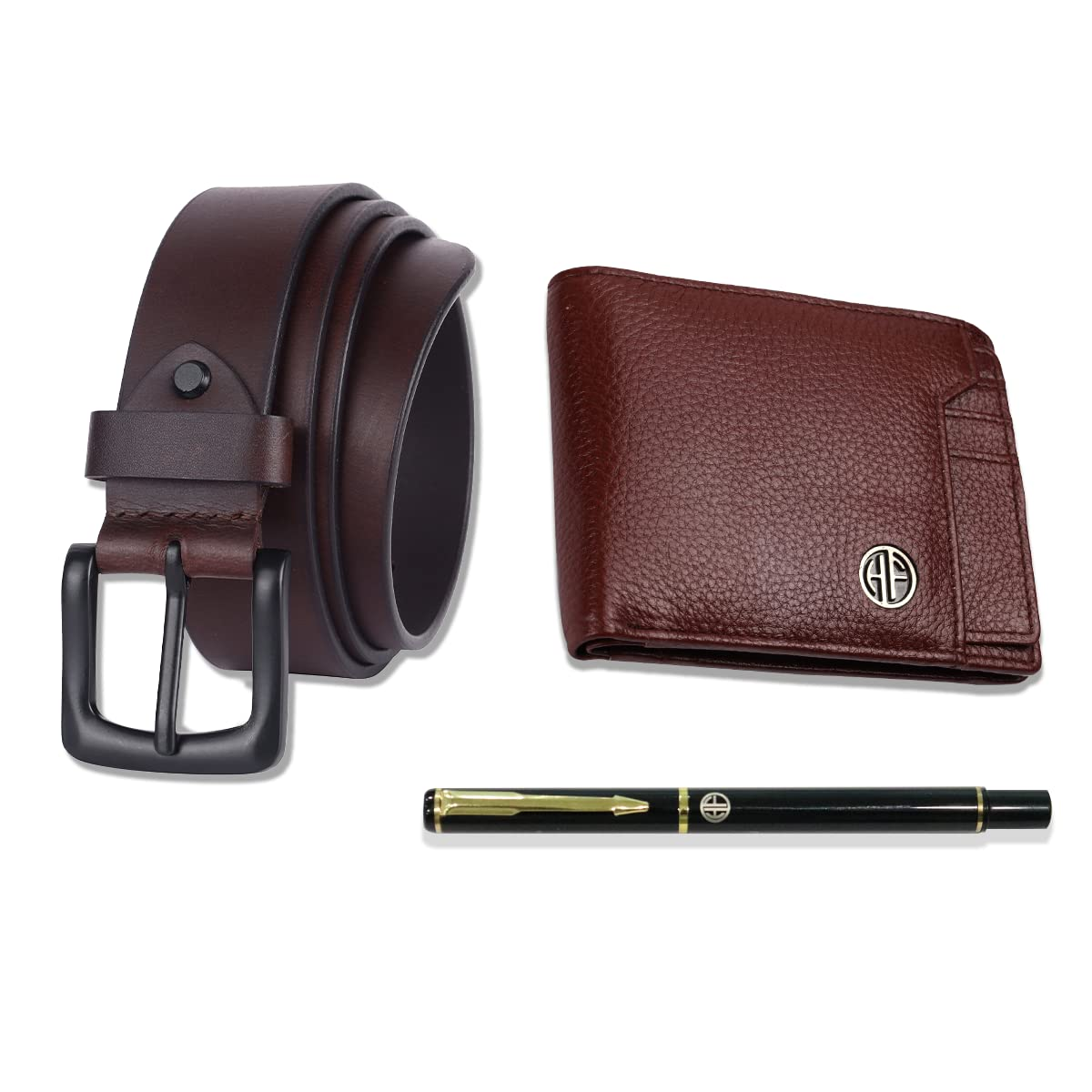 HF Premium Gift Set - Genuine Leather Wallet & Belt with Ball Pen (Brume Brown)