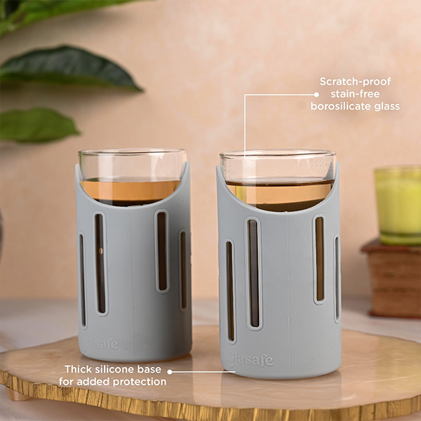 Glasafe Grip 'N' Sip Borosilicate Drinking Glass with Silicone Sleeve 350ml - Set of 2 (Soothing Slate)-3