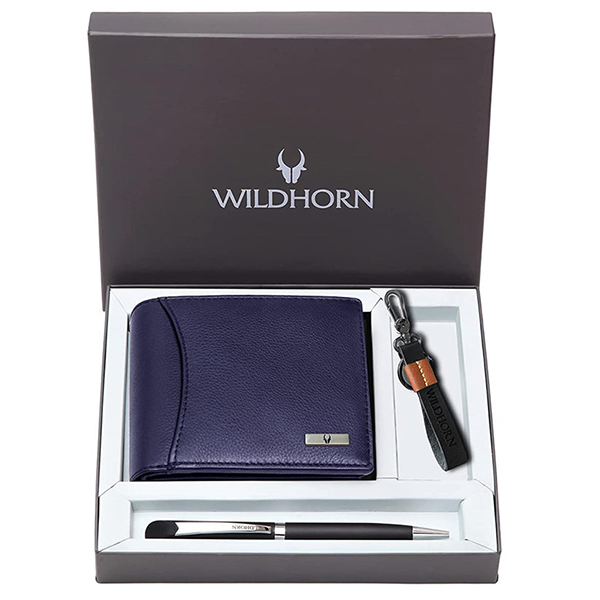 WILDHORN CORDOVA Premium Leather Wallet, Keychain & Pen Gift Set (Blue)