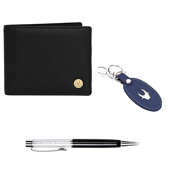 WILDHORN SANFORD Premium Leather Wallet, Keychain & Pen Gift Set for Men (Soft Black)-1