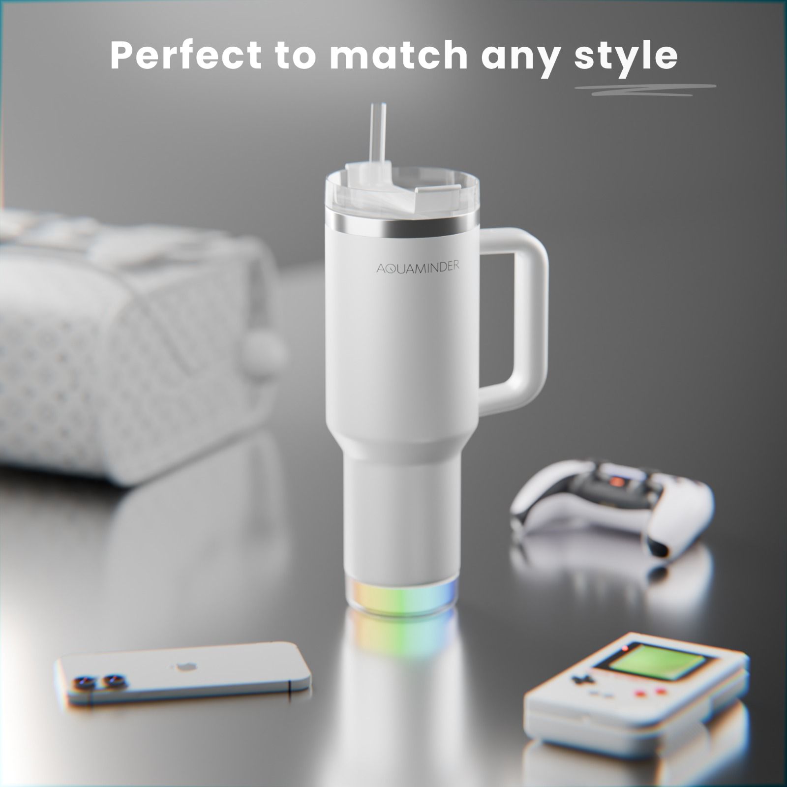 Aquaminder Smart Tumbler with lid and Straw  Nile Cup 1200ml - White-4