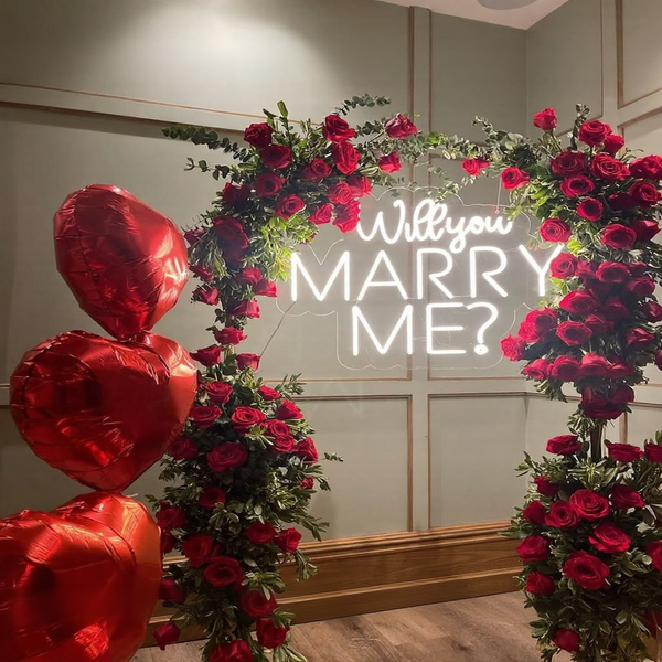 Luxury Red Rose Floral Arch & Neon Marry Me Proposal Backdrop-1