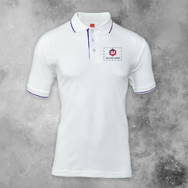 Scott Organic Cotton Polo T-Shirt for Men White with Royal Blue - Custom Logo Left Chest