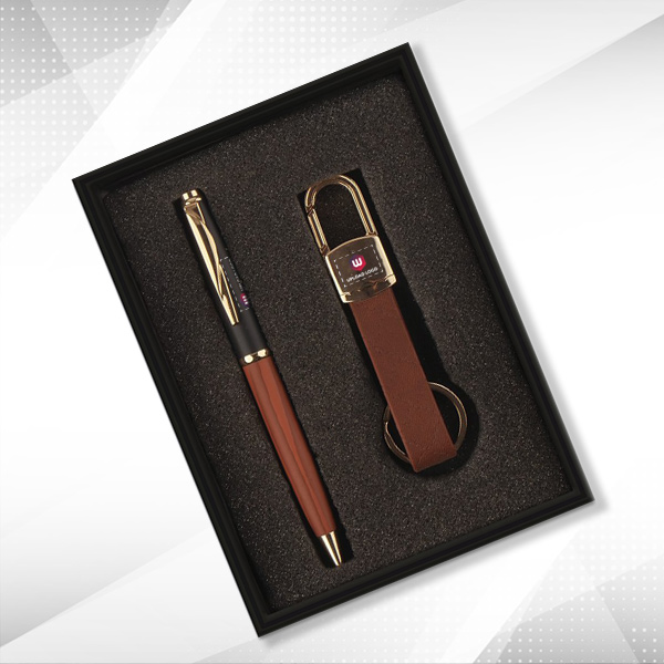 Personalized 2-in-1 Premium Gift Set, Metal Pen & Keychain (Brown)