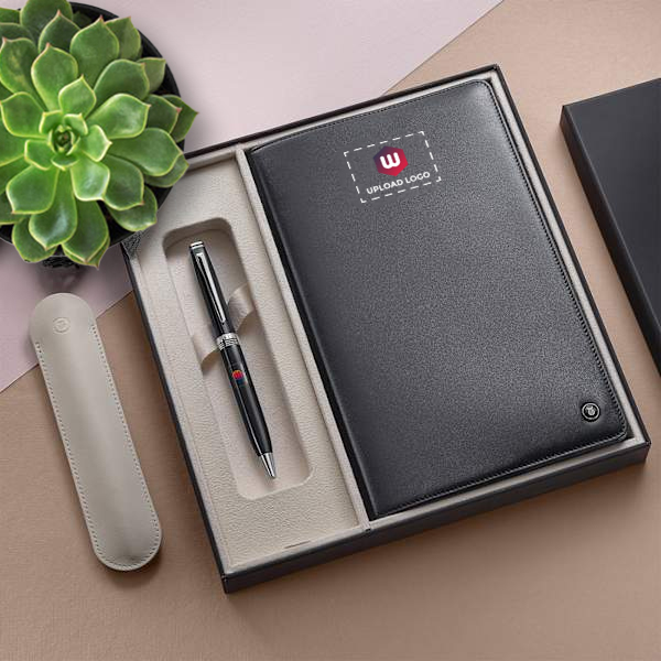 Lapis Bard Contemporary Dark Black Ball Pen & Mayfair Leather Notebook - Customized-0