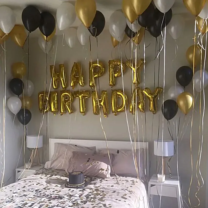 Black Silver and golden Balloons Birthday Surprise Decoration