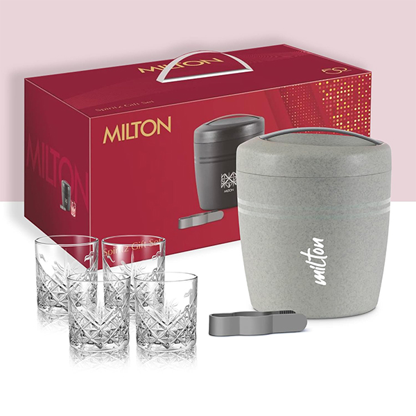 MILTON Spirits Gift Set, Polar Ice Storage Pail and Tong 1.5 liters with Edford Glass Tumbler Set of 4, 340 ml Each - Marble Grey-1