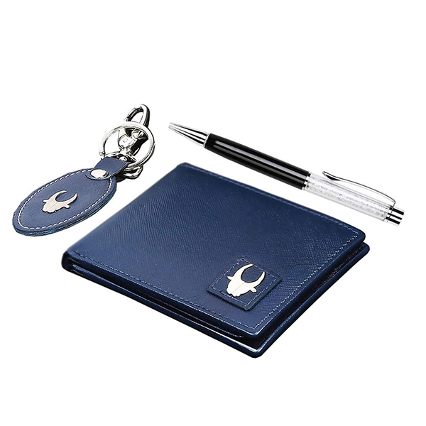 WILDHORN SANFORD Premium Leather Wallet, Keychain & Pen Gift Set for Men (Blue)-1