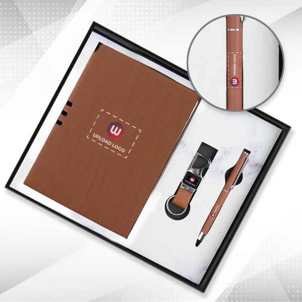 Customized 3-in-1 Combo Diary, Pen & Keychain Gift Set for Employees (Wooden sienna)