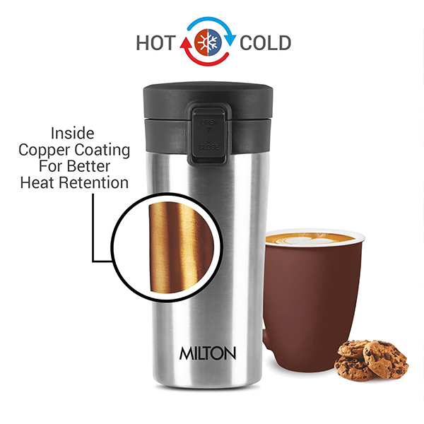 MILTON Coffee Mug Thermosteel Hot or Cold Insulated Flask, 300 ml-  Silver-4