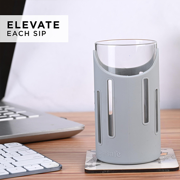 Glasafe Grip 'N' Sip Borosilicate Drinking Glass with Silicone Sleeve 350ml - Set of 2 (Soothing Slate)-2
