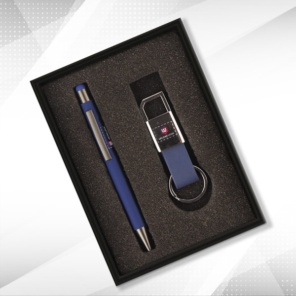 Personalized 2-in-1 Premium Gift Set, Metal Pen & Keychain (Blue)
