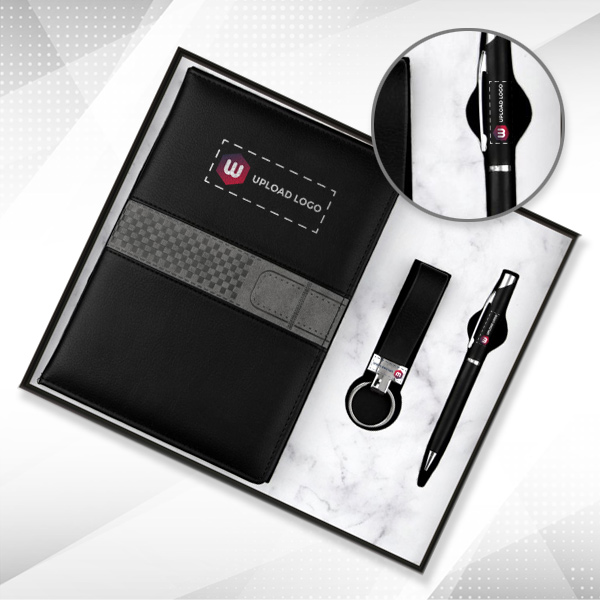 Customized 3-in-1 Combo Diary, Pen & Keychain Gift Set for Employees (Black)
