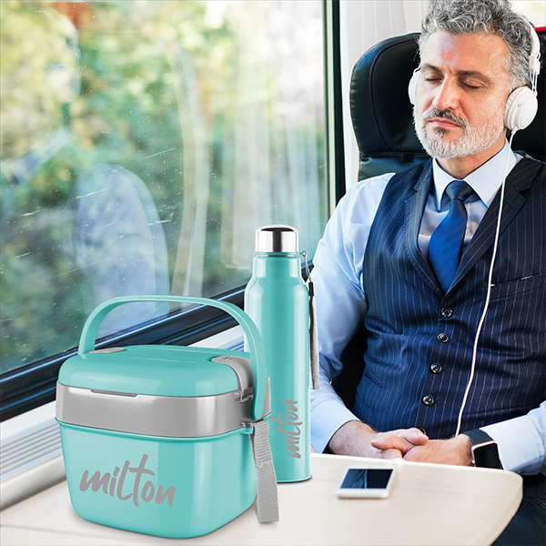 MILTON Cube Lunchmate (Steel Fit Insulated Water Bottle, 630 ml & Cubic Big Tiffin, 1.1 liter) Aqua Green-4