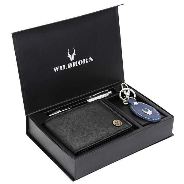WILDHORN SCOTTSDALE Leather Wallet, Keychain & Pen – Premium Gift for Men (Black)