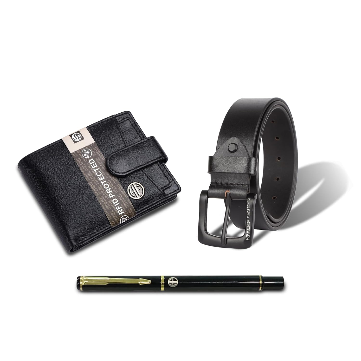 HF Premium Gift Set - Genuine Leather Wallet & Belt with Ball Pen (Midnight Black)