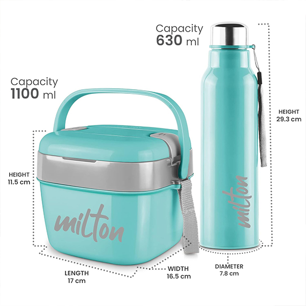 MILTON Cube Lunchmate (Steel Fit Insulated Water Bottle, 630 ml & Cubic Big Tiffin, 1.1 liter) Aqua Green-5