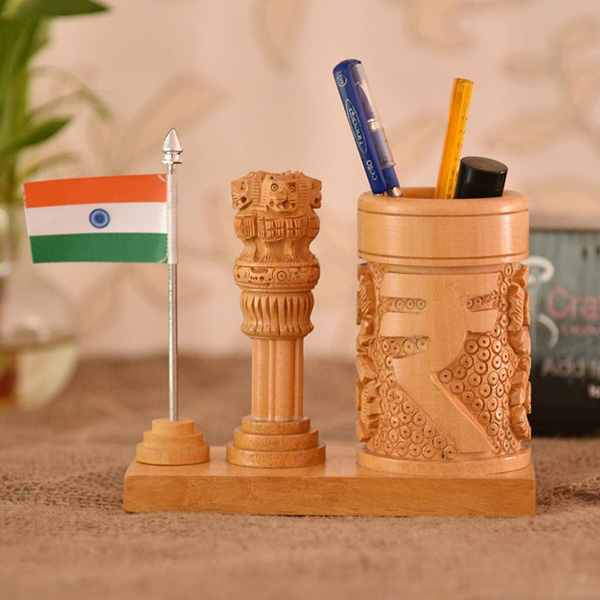 Wooden Ashok Pillar & Miniature Indian flag-1