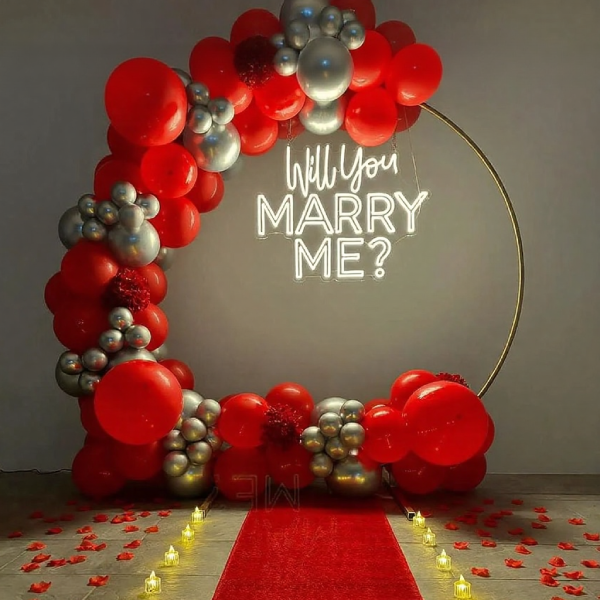 Red & Silver Balloon Ring Proposal Setup with Neon Sign