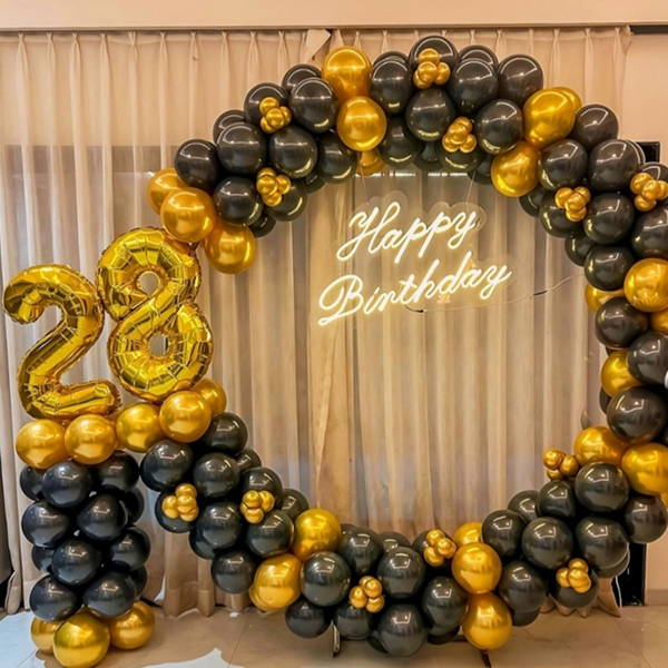 28th Birthday Decoration with Black & Gold Balloons
