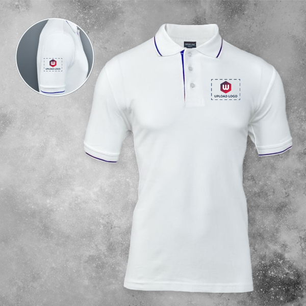 Highline Polo T-shirt for Men White with Royal Blue – Custom Logo Left Chest & Right Arm