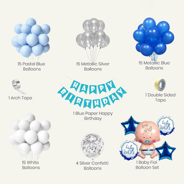 Blue-Themed Birthday Decoration Set with Baby Foil Balloons - 72 Pieces-2